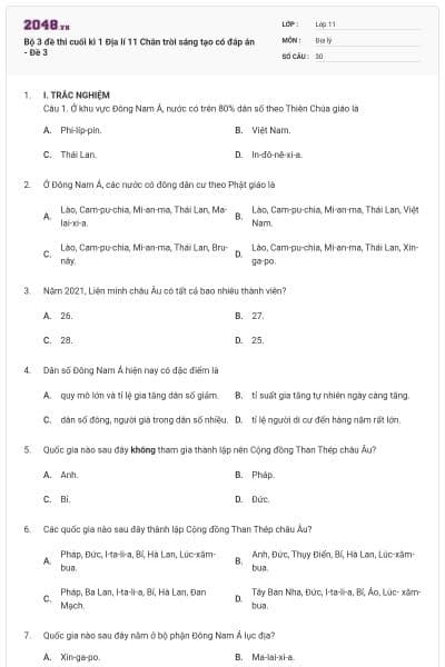 Bộ 3 đề thi cuối kì 1 Địa lí 11 Chân trời sáng tạo có đáp án - Đề 3