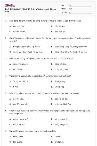 Bộ 3 đề thi giữa kì 2 Địa lí 11 Chân trời sáng tạo có đáp án - Đề 1