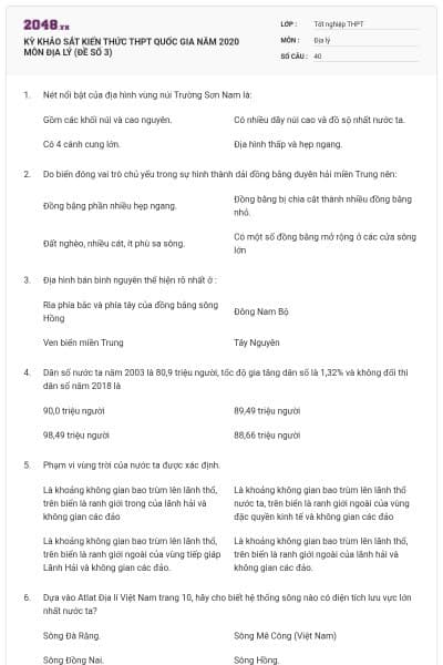 KỲ KHẢO SÁT KIẾN THỨC THPT QUỐC GIA NĂM 2020 MÔN ĐỊA LÝ (ĐỀ SỐ 3)