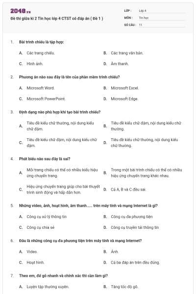 Đề thi giữa kì 2 Tin học lớp 4 CTST có đáp án ( Đề 1 )