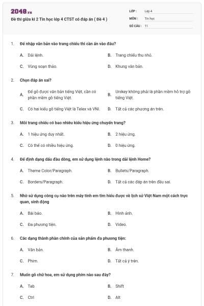 Đề thi giữa kì 2 Tin học lớp 4 CTST có đáp án ( Đề 4 )