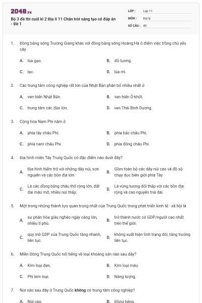 Bộ 3 đề thi cuối kì 2 Địa lí 11 Chân trời sáng tạo có đáp án - Đề 1