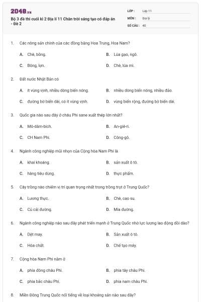 Bộ 3 đề thi cuối kì 2 Địa lí 11 Chân trời sáng tạo có đáp án - Đề 2