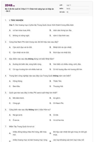 Bộ 3 đề thi cuối kì 2 Địa lí 11 Chân trời sáng tạo có đáp án - Đề 3
