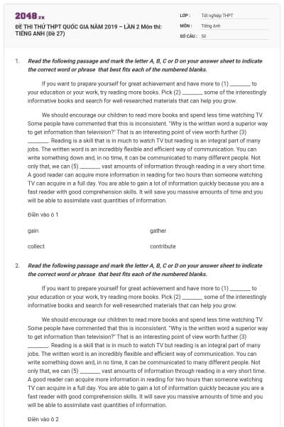 ĐỀ THI THỬ THPT QUỐC GIA NĂM 2019 – LẦN 2 Môn thi: TIẾNG ANH (Đề 27)