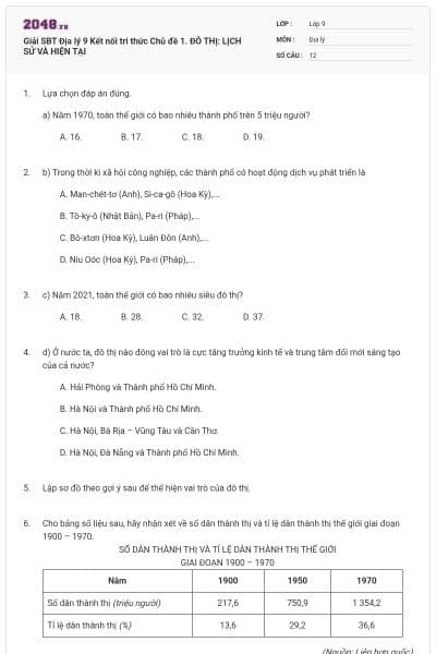 Giải SBT Địa lý 9 Kết nối tri thức Chủ đề 1. ĐÔ THỊ: LỊCH SỬ VÀ HIỆN TẠI