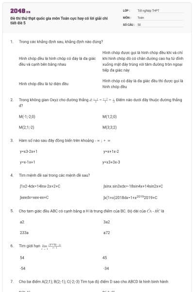 Đề thi thử thpt quốc gia môn Toán cực hay có lời giải chi tiết-Đề 5