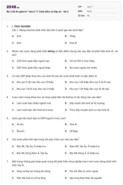 Bộ 3 đề thi giữa kì 1 Địa lí 11 Cánh diều có đáp án - Đề 3