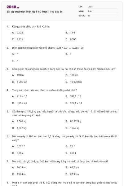Bài tập cuối tuần Toán lớp 5 CD Tuần 11 có đáp án