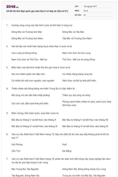 20 Đề thi thử thpt quốc gia môn Địa lí có đáp án (Đề số 01)