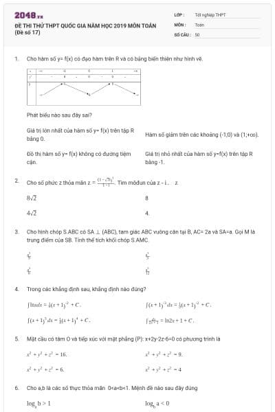 ĐỀ THI THỬ THPT QUỐC GIA NĂM HỌC 2019 MÔN TOÁN (Đề số 17)