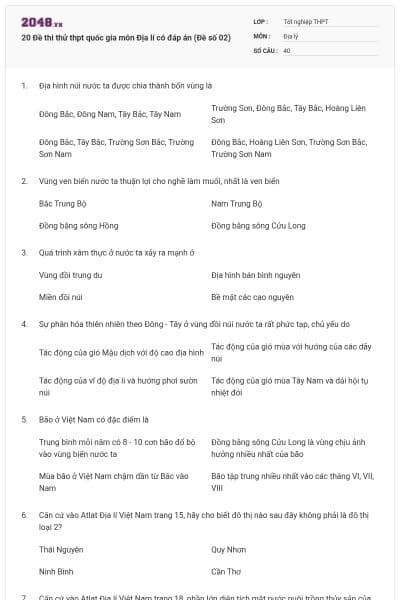 20 Đề thi thử thpt quốc gia môn Địa lí có đáp án (Đề số 02)