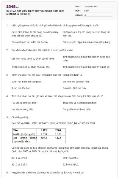KỲ KHẢO SÁT KIẾN THỨC THPT QUỐC GIA NĂM 2020 MÔN ĐỊA LÝ (ĐỀ SỐ 4)