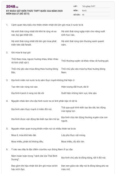 KỲ KHẢO SÁT KIẾN THỨC THPT QUỐC GIA NĂM 2020 MÔN ĐỊA LÝ (ĐỀ SỐ 5)
