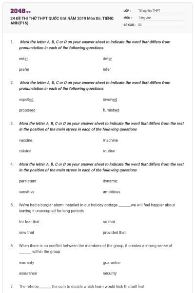 24 ĐỀ THI THỬ THPT QUỐC GIA NĂM 2019 Môn thi: TIẾNG ANH(P16)