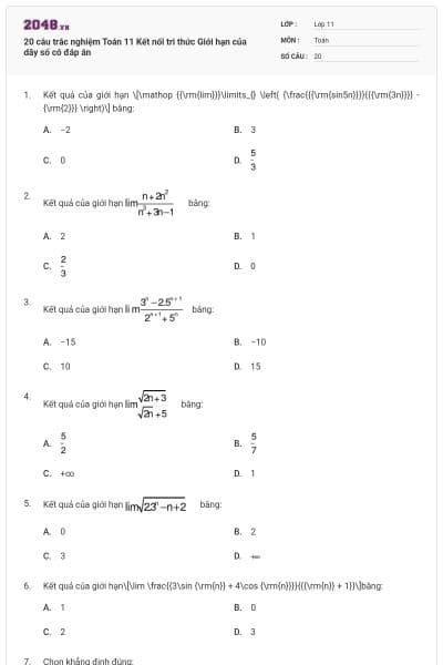 20 câu trắc nghiệm Toán 11 Kết nối tri thức Giới hạn của dãy số có đáp án