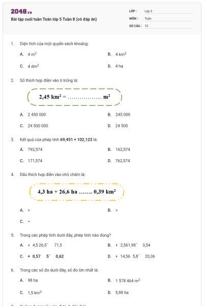 Bài tập cuối tuần Toán lớp 5 Tuần 8 (có đáp án)