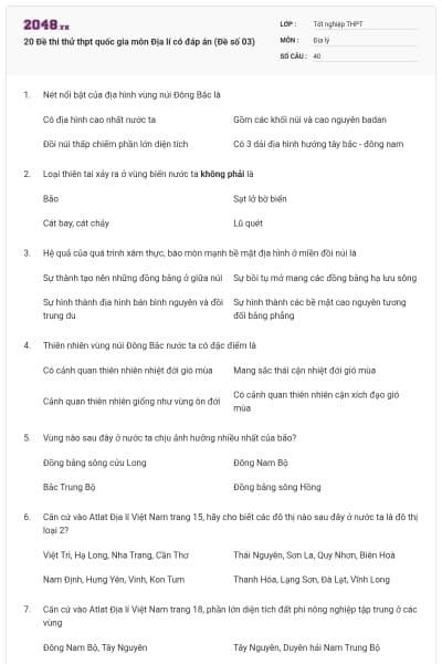 20 Đề thi thử thpt quốc gia môn Địa lí có đáp án (Đề số 03)