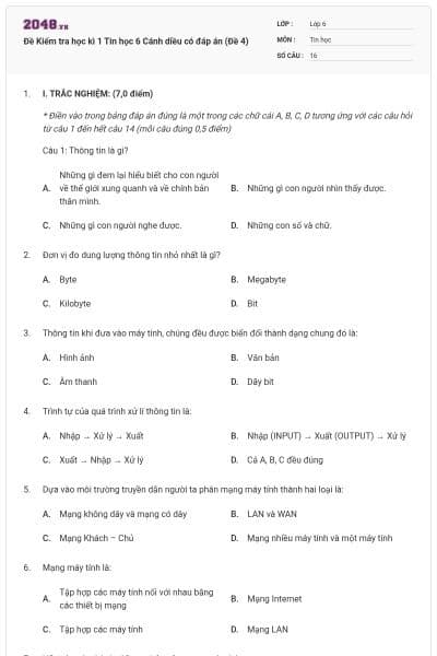 Đề Kiểm tra học kì 1 Tin học 6 Cánh diều có đáp án (Đề 4)