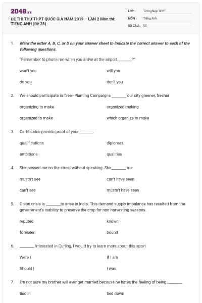 ĐỀ THI THỬ THPT QUỐC GIA NĂM 2019 – LẦN 2 Môn thi: TIẾNG ANH (Đề 28)