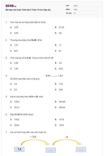 Bài tập cuối tuần Toán lớp 5 Tuần 10 (có đáp án)