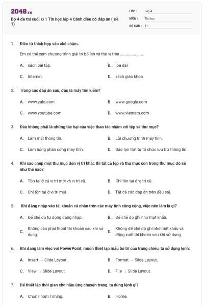 Bộ 4 đề thi cuối kì 1 Tin học lớp 4 Cánh diều có đáp án ( Đề 1)