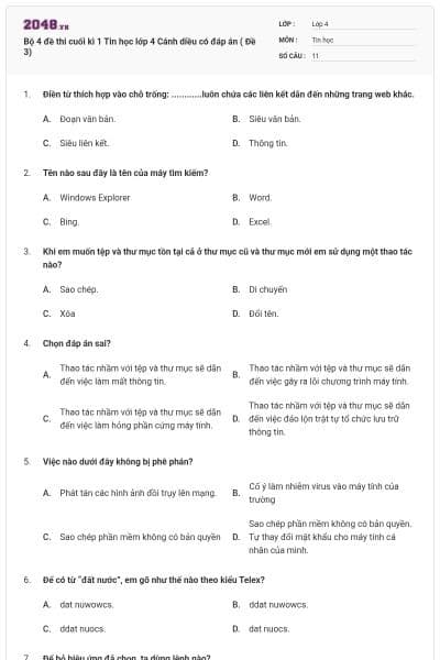Bộ 4 đề thi cuối kì 1 Tin học lớp 4 Cánh diều có đáp án ( Đề 3)