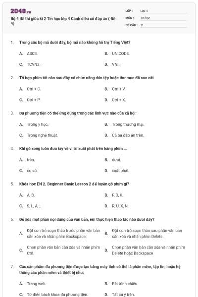 Bộ 4 đề thi giữa kì 2 Tin học lớp 4 Cánh diều có đáp án ( Đề 4)