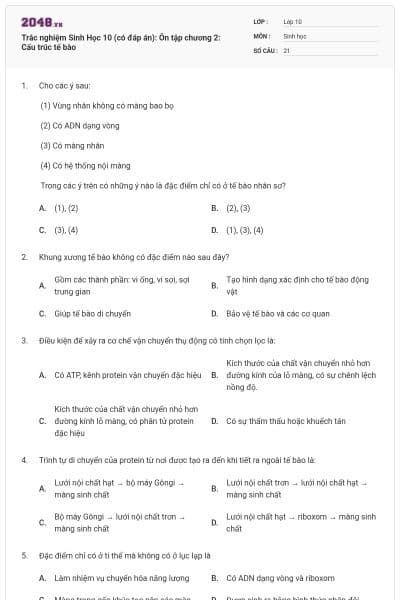 Trắc nghiệm Sinh Học 10 (có đáp án): Ôn tập chương 2: Cấu trúc tế bào