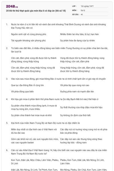 20 Đề thi thử thpt quốc gia môn Địa lí có đáp án (Đề số 18)