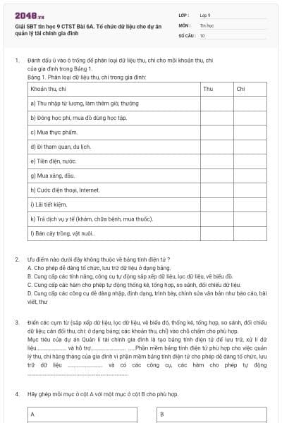 Giải SBT tin học 9 CTST Bài 6A. Tổ chức dữ liệu cho dự án quản lý tài chính gia đình