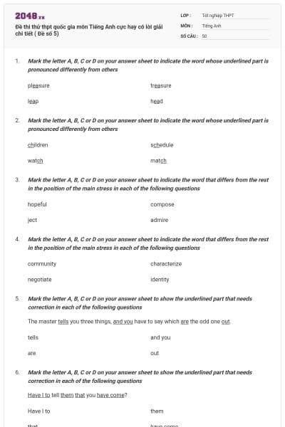 Đề thi thử thpt quốc gia môn Tiếng Anh cực hay có lời giải chi tiết ( Đề số 5)