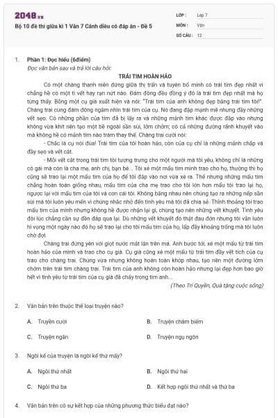 Bộ 10 đề thi giữa kì 1 Văn 7 Cánh diều có đáp án - Đề 5