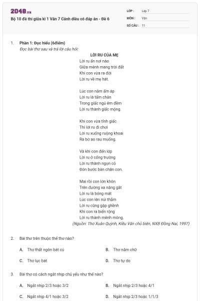 Bộ 10 đề thi giữa kì 1 Văn 7 Cánh diều có đáp án - Đề 6