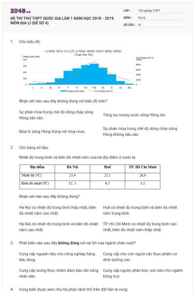 ĐỀ THI THỬ THPT QUỐC GIA LẦN 1 NĂM HỌC 2018 - 2019 MÔN ĐỊA LÍ (ĐẾ SỐ 4)