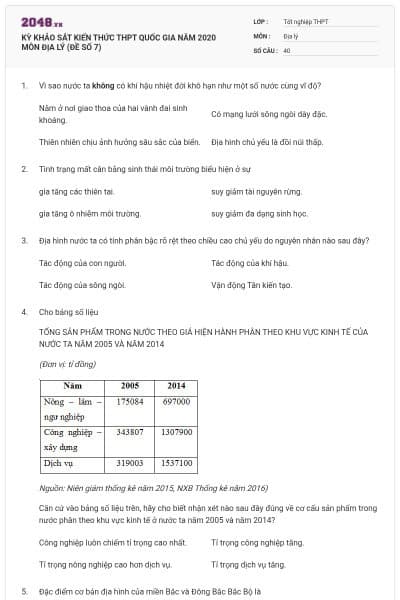 KỲ KHẢO SÁT KIẾN THỨC THPT QUỐC GIA NĂM 2020 MÔN ĐỊA LÝ (ĐỀ SỐ 7)