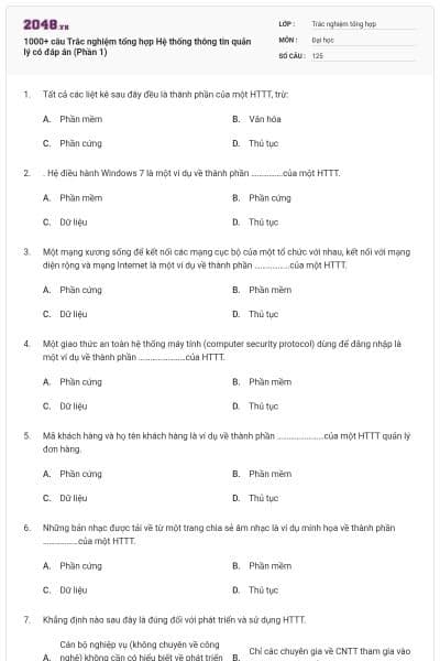 1000+ câu Trắc nghiệm tổng hợp Hệ thống thông tin quản lý có đáp án (Phần 1)
