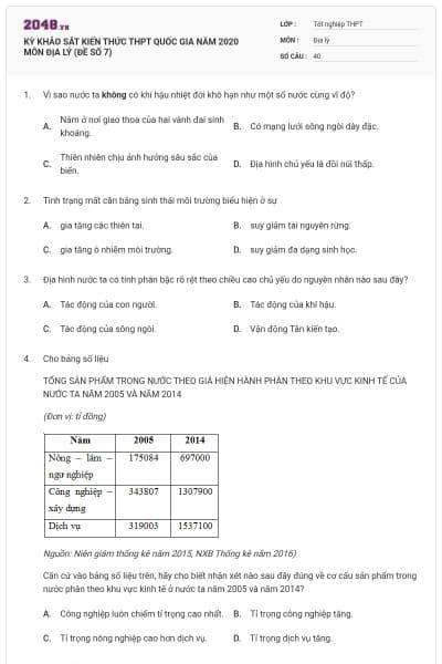KỲ KHẢO SÁT KIẾN THỨC THPT QUỐC GIA NĂM 2020 MÔN ĐỊA LÝ (ĐỀ SỐ 7)