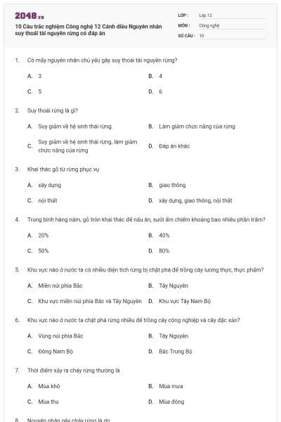10 Câu trắc nghiệm Công nghệ 12 Cánh diều Nguyên nhân suy thoái tài nguyên rừng có đáp án