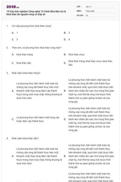 10 Câu trắc nghiệm Công nghệ 12 Cánh diều Bảo vệ và khai thác tài nguyên rừng có đáp án