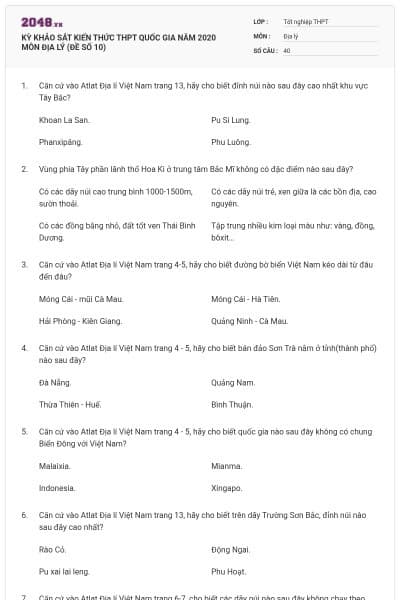 KỲ KHẢO SÁT KIẾN THỨC THPT QUỐC GIA NĂM 2020 MÔN ĐỊA LÝ (ĐỀ SỐ 10)