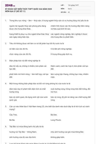 KỲ KHẢO SÁT KIẾN THỨC THPT QUỐC GIA NĂM 2020 MÔN ĐỊA LÝ (ĐỀ SỐ 11)