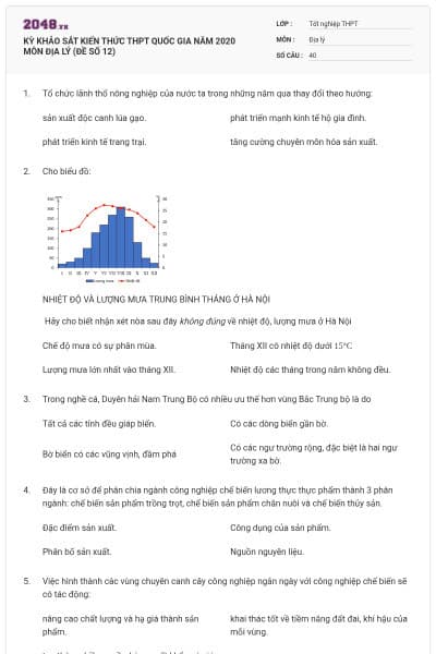 KỲ KHẢO SÁT KIẾN THỨC THPT QUỐC GIA NĂM 2020 MÔN ĐỊA LÝ (ĐỀ SỐ 12)