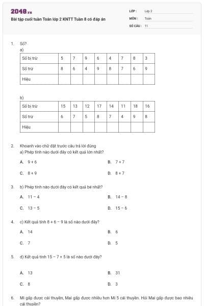 Bài tập cuối tuần Toán lớp 2 KNTT Tuần 8 có đáp án