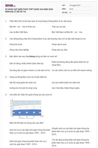 KỲ KHẢO SÁT KIẾN THỨC THPT QUỐC GIA NĂM 2020 MÔN ĐỊA LÝ (ĐỀ SỐ 13)
