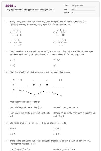 Tổng hợp đề thi thử thptqg môn Toán có lời giải (đề 1)
