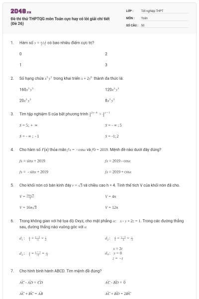 Đề thi thử THPTQG môn Toán cực hay có lời giải chi tiết (Đề 26)