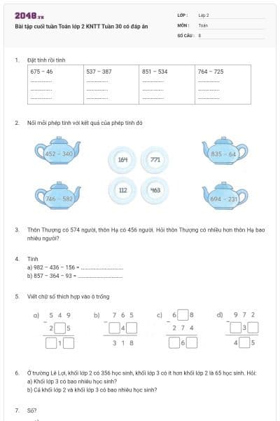 Bài tập cuối tuần Toán lớp 2 KNTT Tuần 30 có đáp án