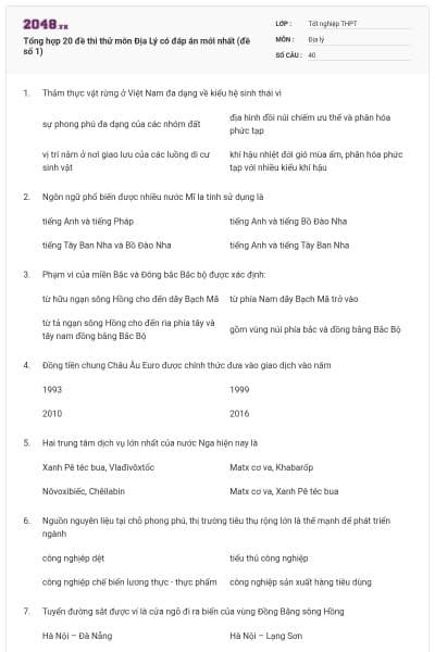 Tổng hợp 20 đề thi thử môn Địa Lý có đáp án mới nhất (đề số 1)