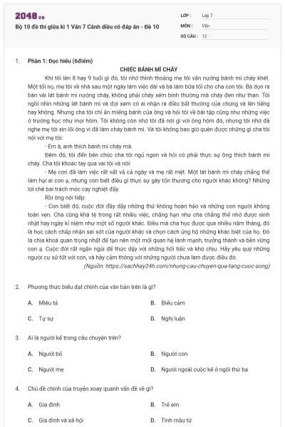 Bộ 10 đề thi giữa kì 1 Văn 7 Cánh diều có đáp án - Đề 10